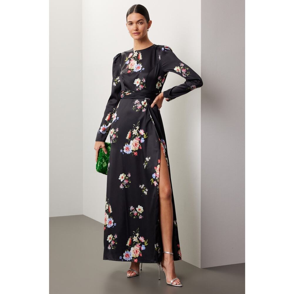 Black Floral Long-Sleeve Maxi Dress with Side Slit